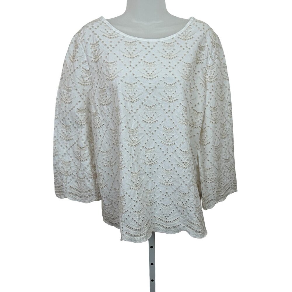GAP White & Cream Eyelet 3/4 Sleeve Top Large TALL